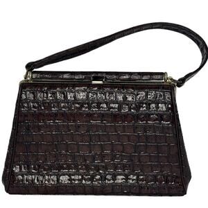 Vintage Brown Faux Croc Top Handle Purse 60s 70s Frame Bag Structured Handbag